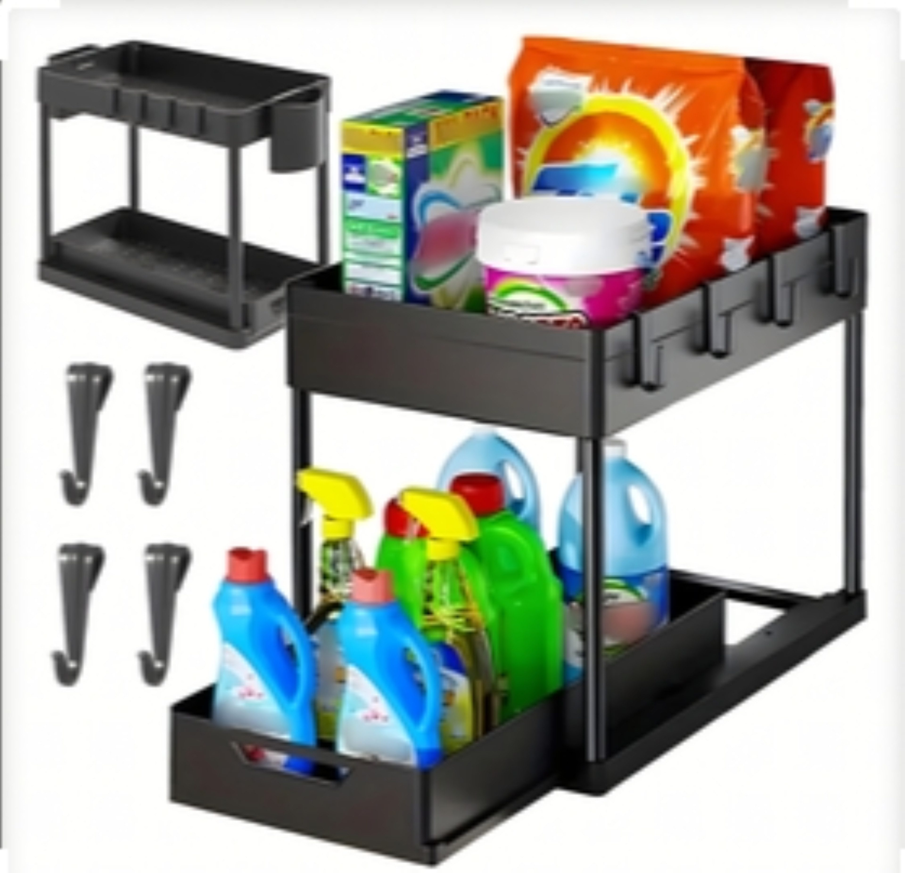 Realb2b Ablageregal Organizer Regal 2-stufig mit Schublade, Haken & Becherhalter Küche, Unter-Spülenschrank-Organizer Set mit Schublade, Haken und Becherhalter, Platzsparend, herausziehbare Schublade, Schiebeschublade