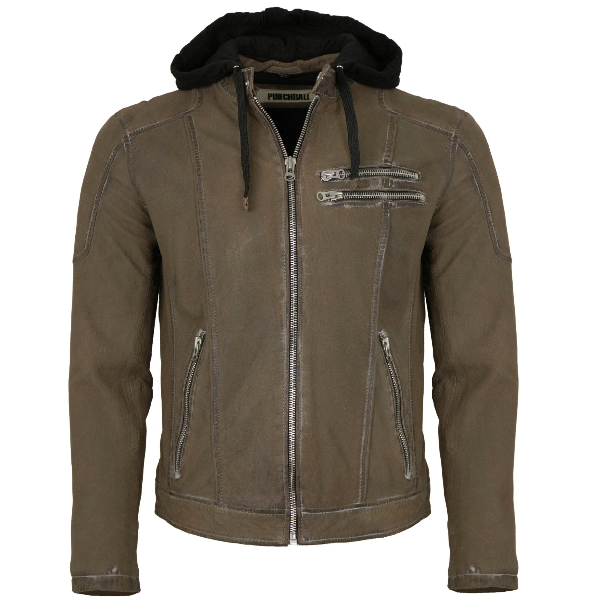 PUNCHBALL Lederjacke Doran Punchball - Herren Lederjacke Kapuze Lammnubuk olive-braun antik