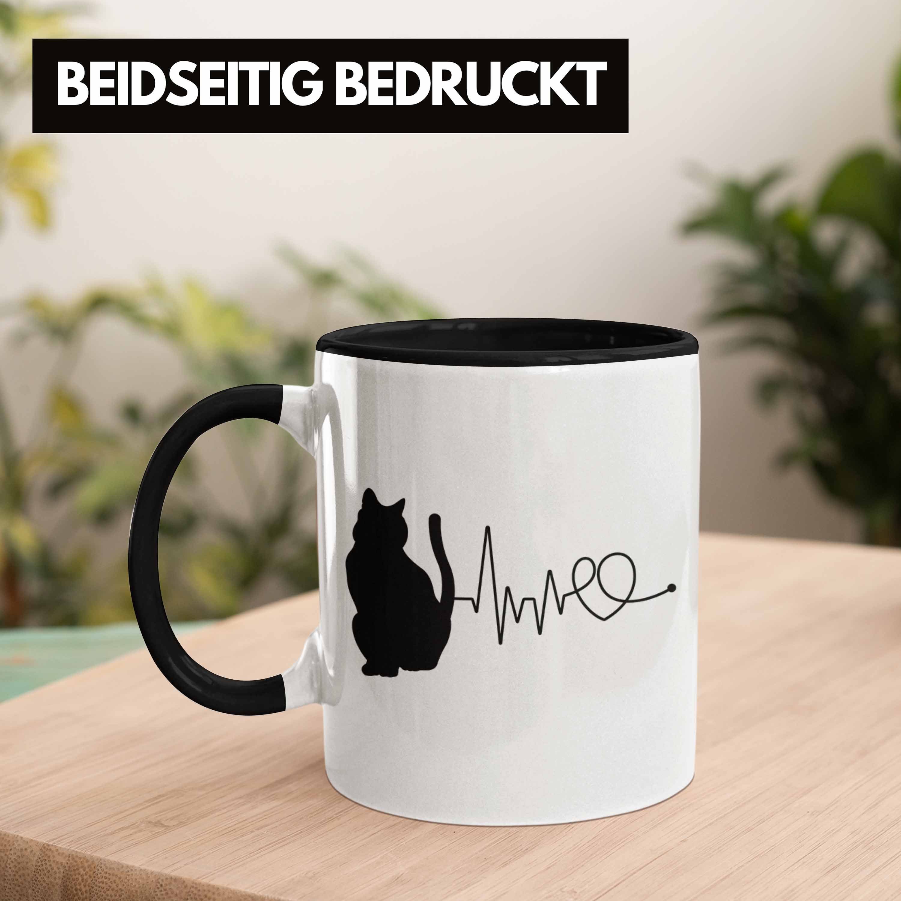 Tasse Trendation Katzenbesitzerin Schwarz Tasse für Kaffee-Becher Geschenk Herzschlag Katze