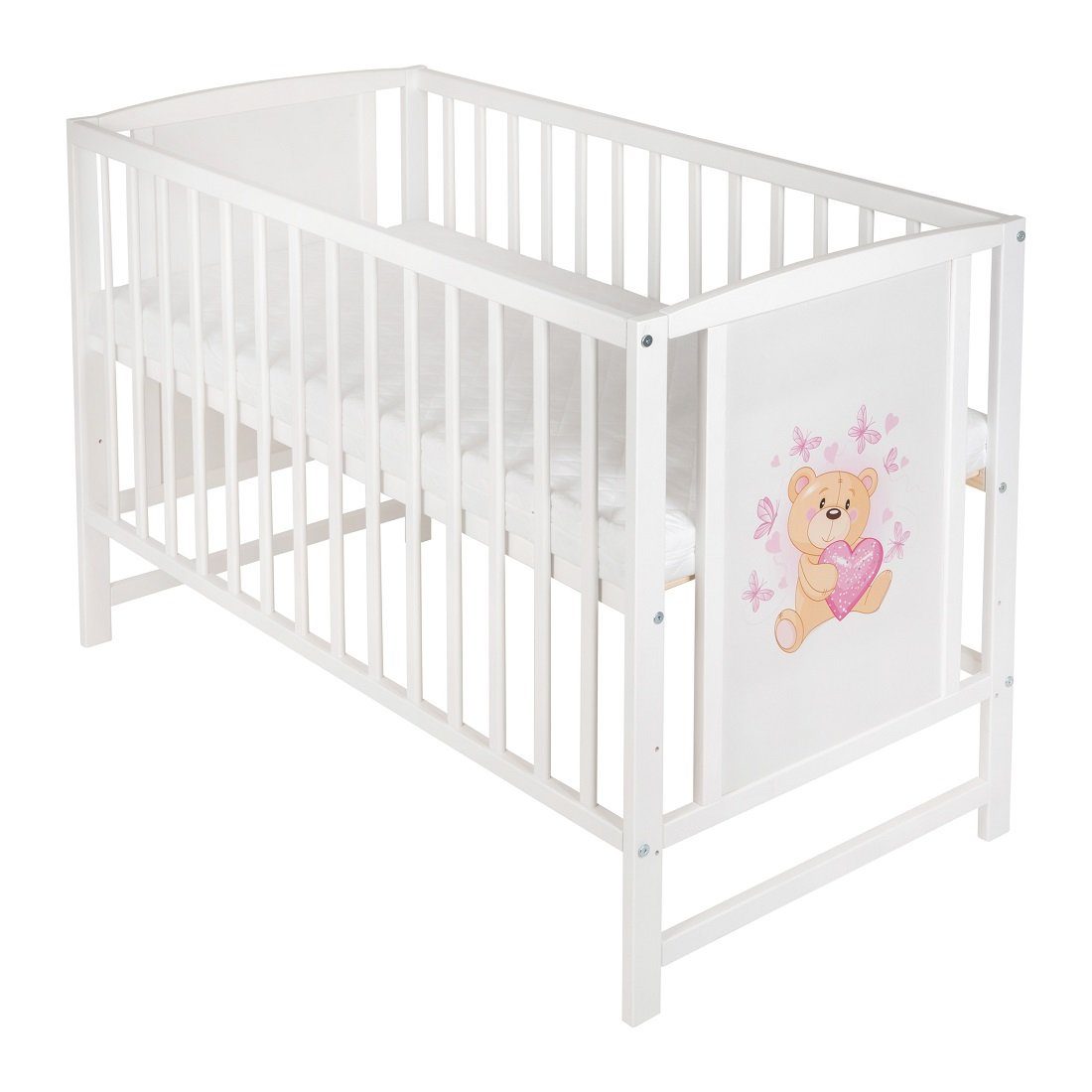 Babyhafen Babybett Kinderbett Teddybär - Herzen Rosa 60 × 120 cm mit Matratze, Made in Europe