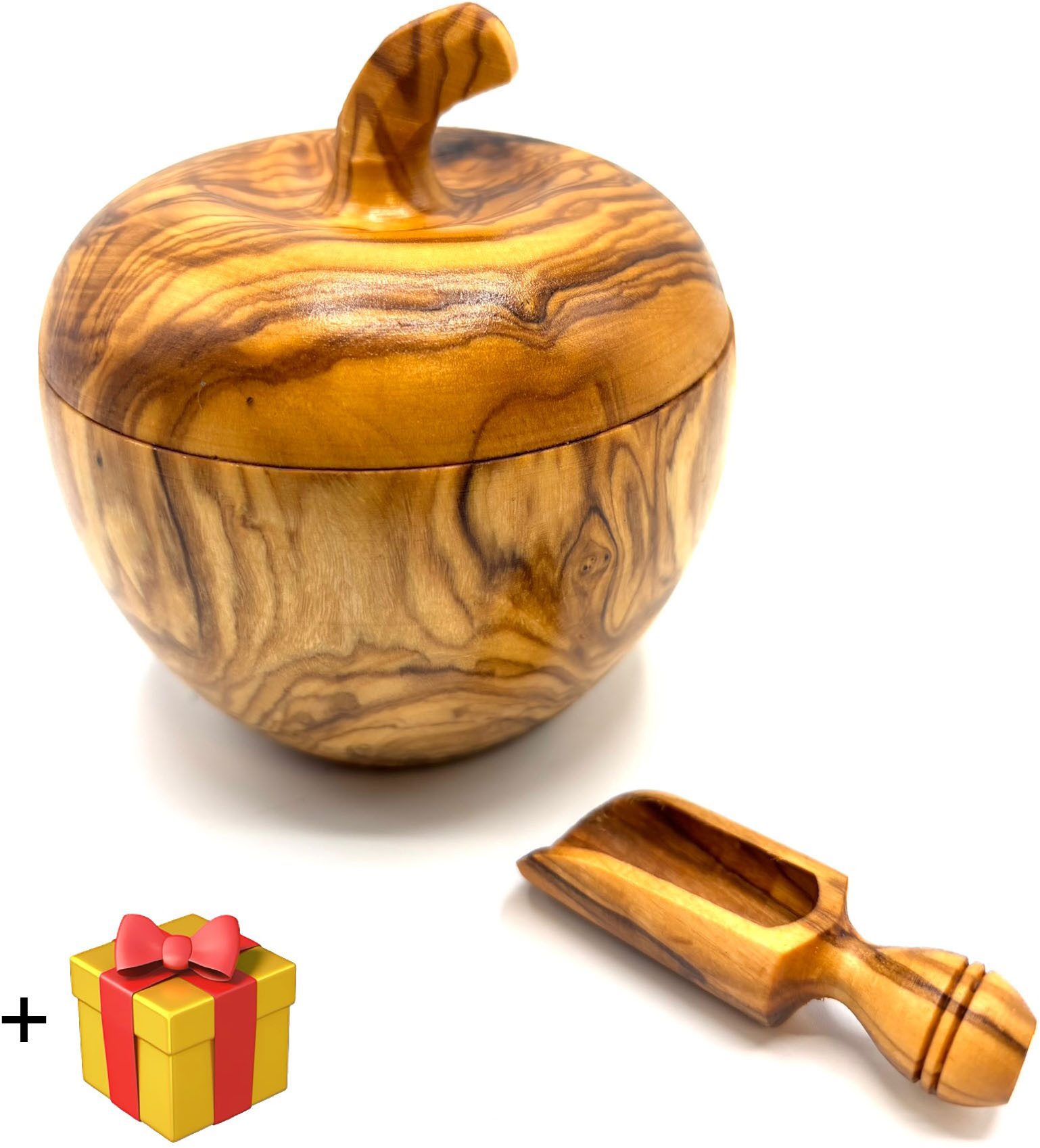 Olivenholz-erleben Zuckerdose Dose wie Apfel aus Olivenholz mit kleinem Salzschippchen, Aluminium, Massivholz, (Set, 2-tlg., 1x Dose wie Apfel, 1x Schippchen aus Olivenholz plus Überraschung), toller Blickfang in außergwöhnlicher Form und einzigartiger Maserung
