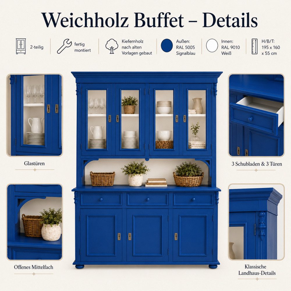 Wohnpalast Buffet Buffetschrank Landhaus Blau/weiß 160 cm aus massivem Weichholz Vitrine