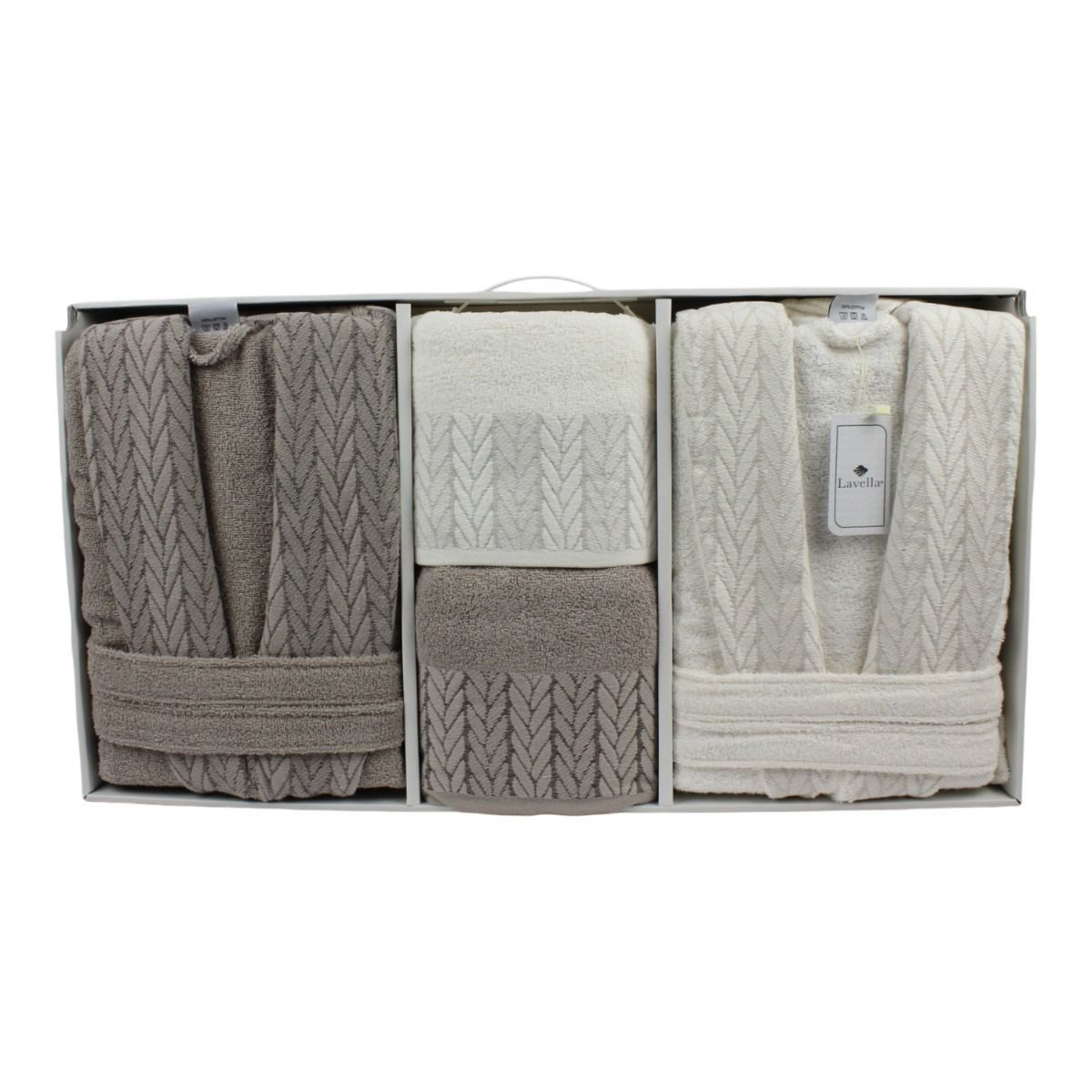 alesvelt Unisex-Bademantel Wellness Set 6 teilig aus Baumwolle, 2x Bademantel, 2x Badetuch, 2x Handtuch, mit Gürtel, 100% Baumwolle