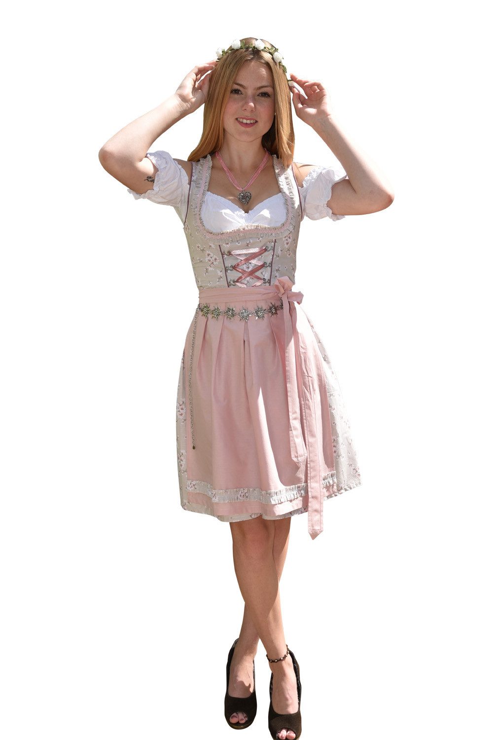 Entari Dirndl Trachtenkleid 502GT Grau Rosa Geblümt (3tlg) Geblümt