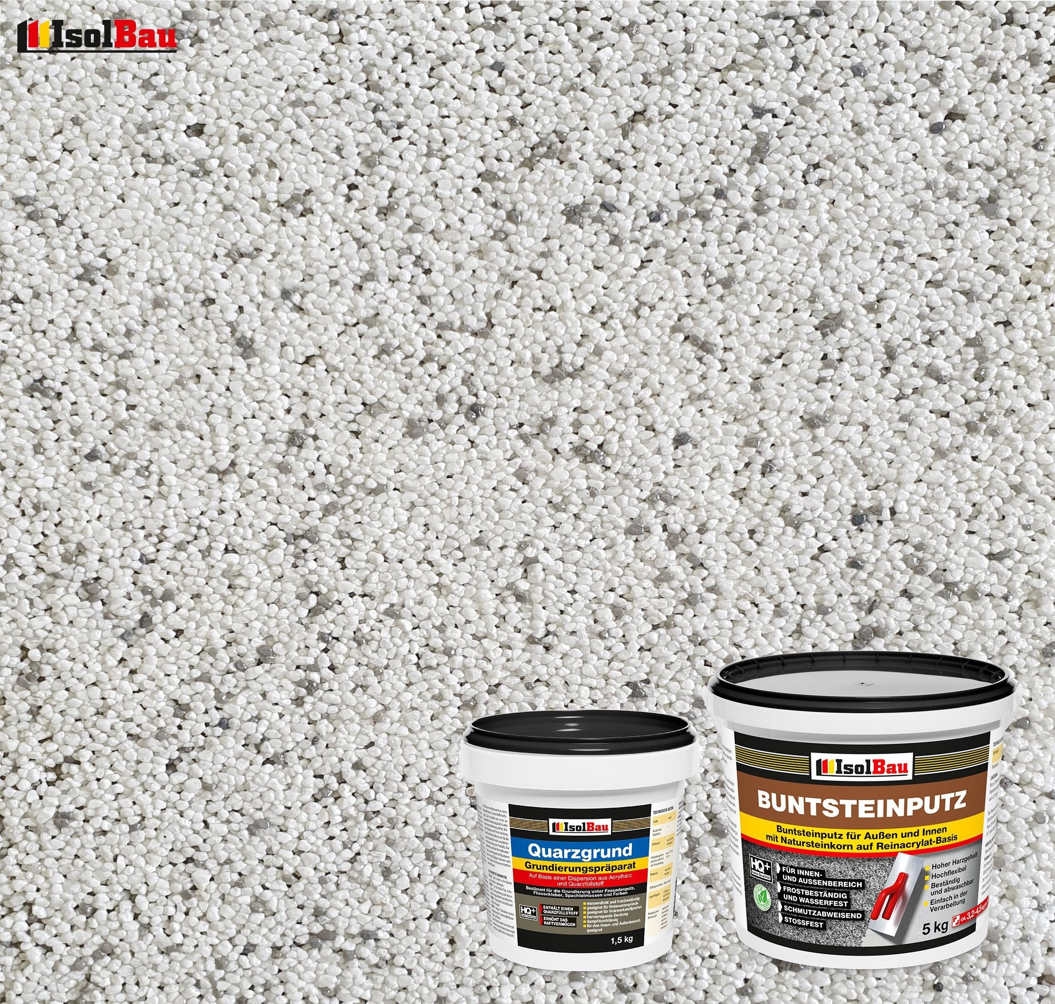None Gipsputz Set Mosaikputz 5 kg Buntsteinputz BP70 Sockelputz + Quarzgrund 1,5 kg Körnung 1,8 mm; Trocknung 12–48h; Verbrauch 3,2–4,5 kg/m²