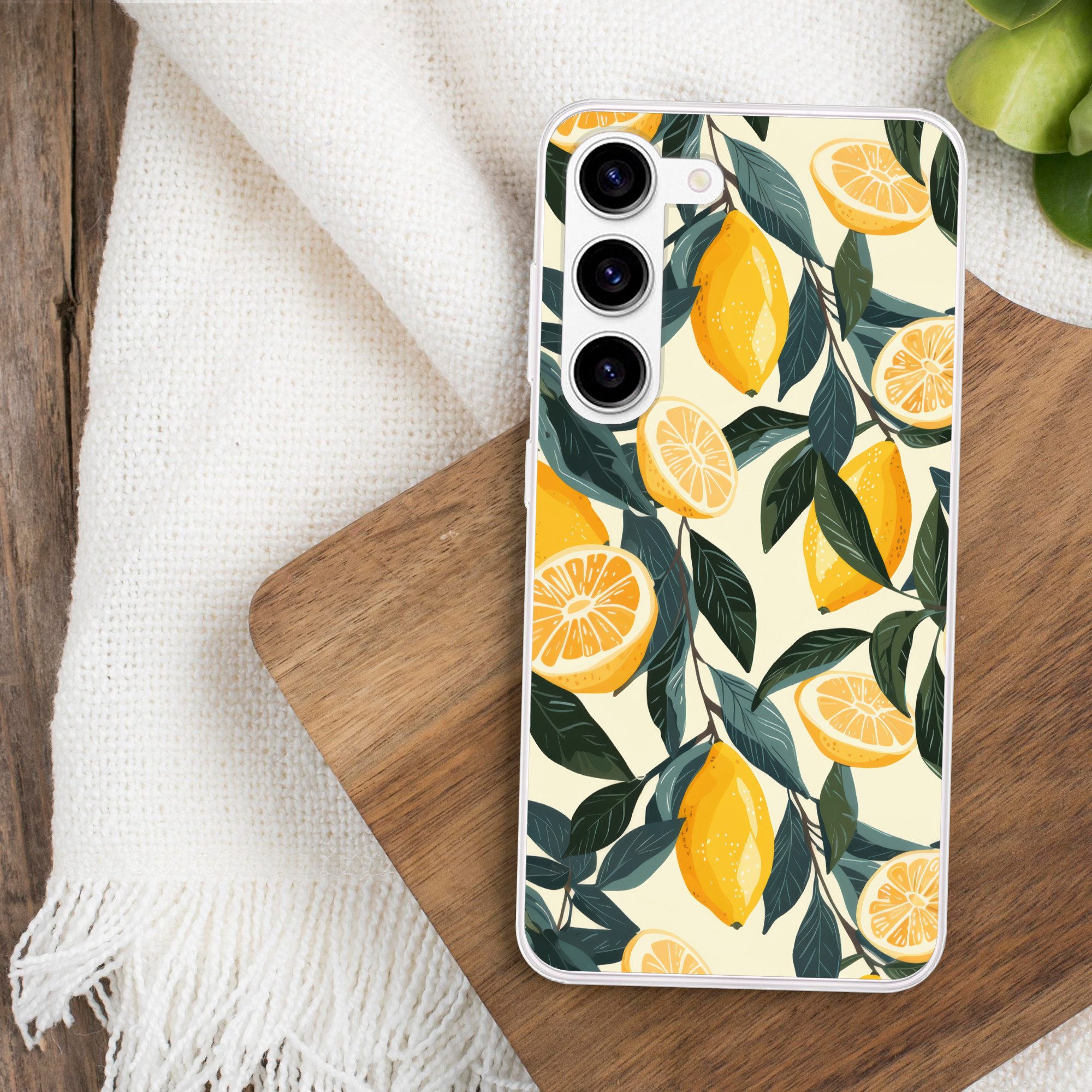 MuchoWow Handyhülle für Samsung Galaxy S23 Zitronen - Früchte - Blätter - Gelb - Grün - Be, Phone Case, Silikon, Schutzhülle Dünn
