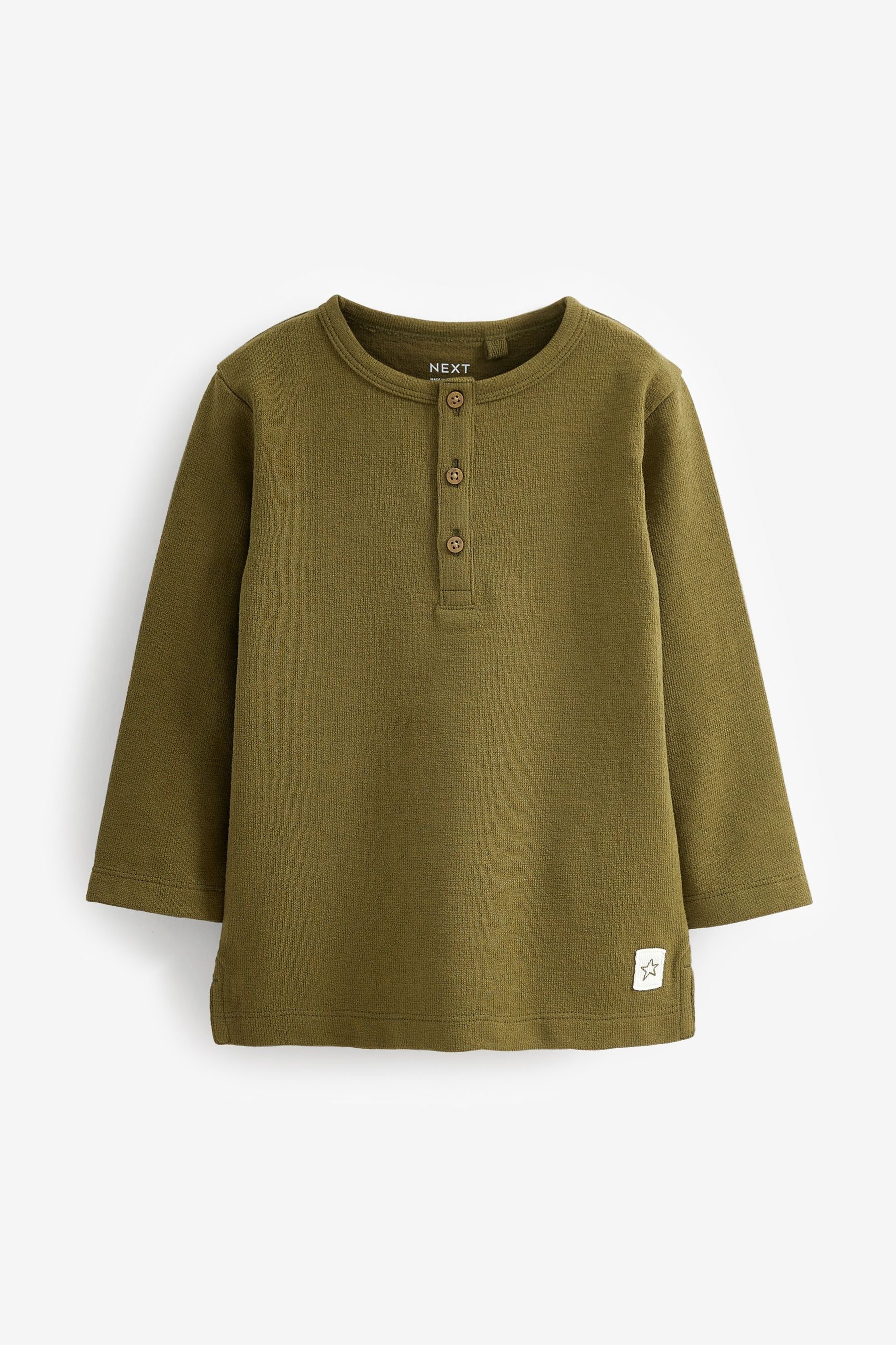 Next Langarmshirt Langarmshirt Khaki Green mit (1-tlg) Henley-Ausschnitt