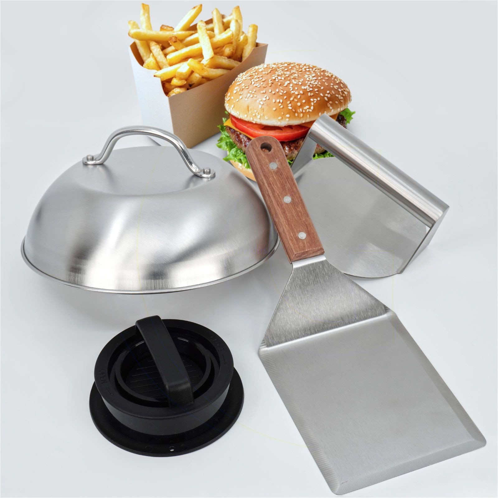 Gravidus Burgerpresse Smash-Burger Maker Set 4-teilig mit Haube, Pressen und BBQ-Wender, Edelstahl, Kunststoff, Holz