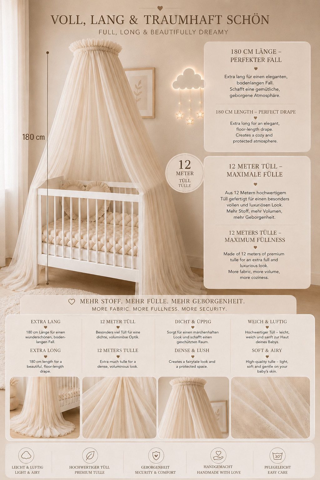 Baby Fancyroom Betthimmel Betthimmel aus 12 Meter Tüll aus 1. Klasse für Kinderbett Gitterbett, Himmel für Babybett Kinderbett