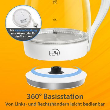 T24 Wasserkocher Glas Wasserkocher 1,7L, 2200W, LED, BPA-frei,TÜV GS, 360° Sockel,Weiß, 1.7 l, 2200,00 W, Aus Borosilikatglas