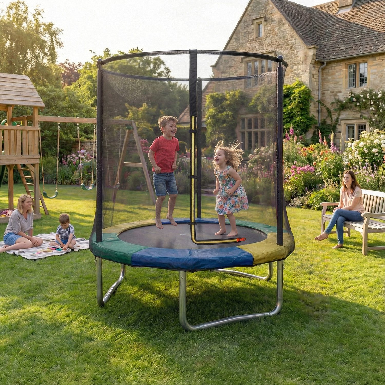 GUNJI Gartentrampolin 183/222/290/360 cm Kindertrampolin für den Garten, Ø 183 cm, (Ausgestattet mit Sicherheitsnetz, Trampolin und Leiter; Tragkraft 150 kg)