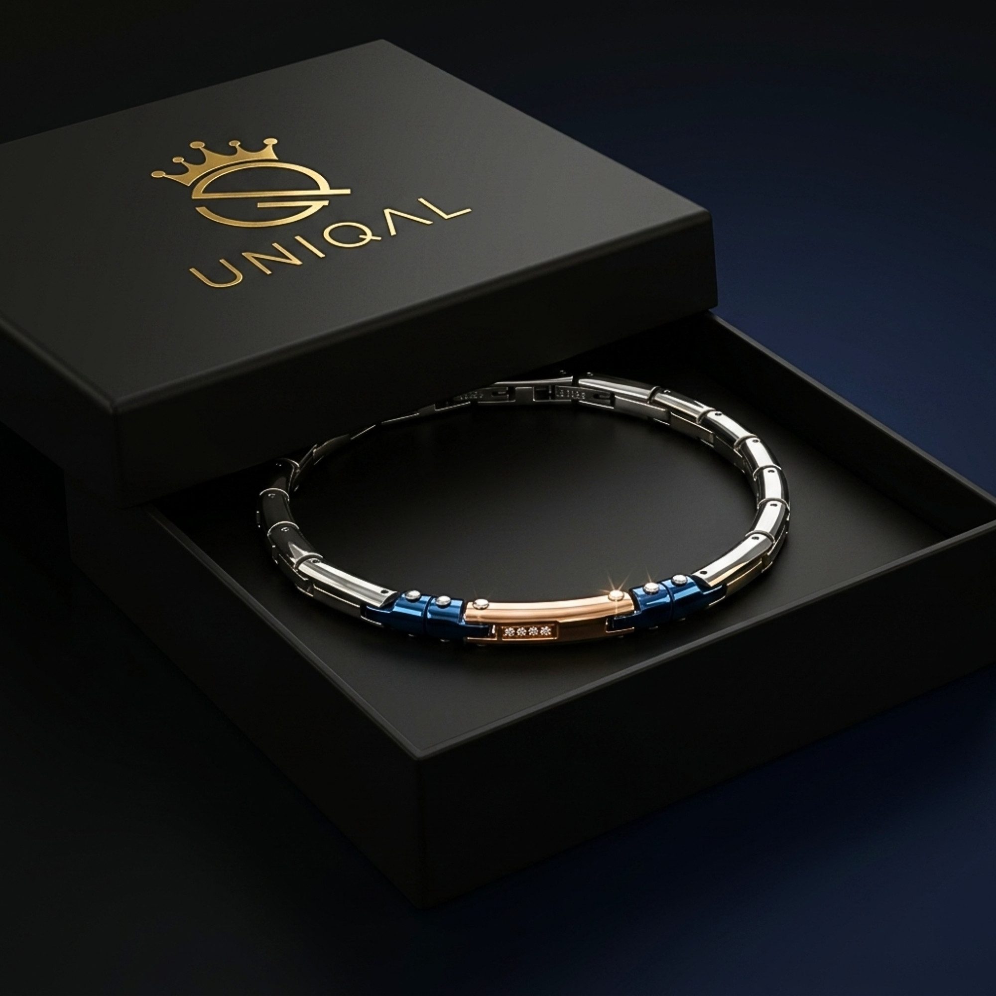 UNIQAL.de Edelstahlarmband DANTE BLAU - Technik, Spannung & Roségold-Kontrast (Präzisionsdesign mit markanten Farbkontrasten & Zirkonia-Detail, Handgefertigt in – Bild 4 von 5