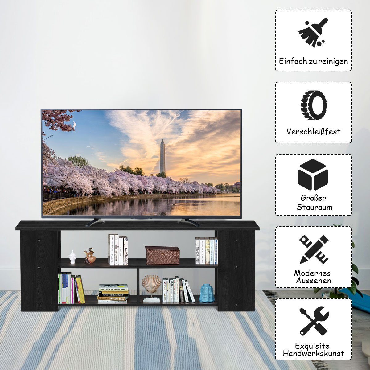 COSTWAY TV-Schrank Schwarz breit 110cm 3-stufig, Fernsehschrank