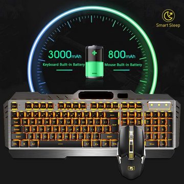 UrChoiceLtd Tastatur- und Maus-Set, UK-Layout-Tastatur,2,4G Kabellos,Farbiges LED-Licht,3000 mAh Akku