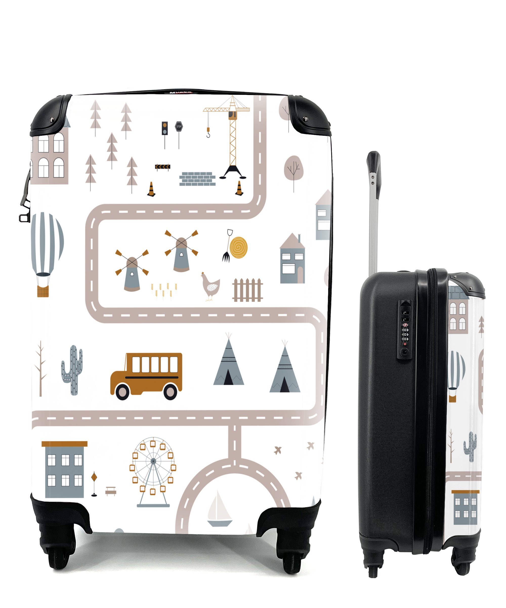 Ferien, Reisetasche 4 Reisekoffer Rollen, mit - Auto Kinder Heißluftballon, MuchoWow Handgepäck rollen, Trolley, für Handgepäckkoffer -