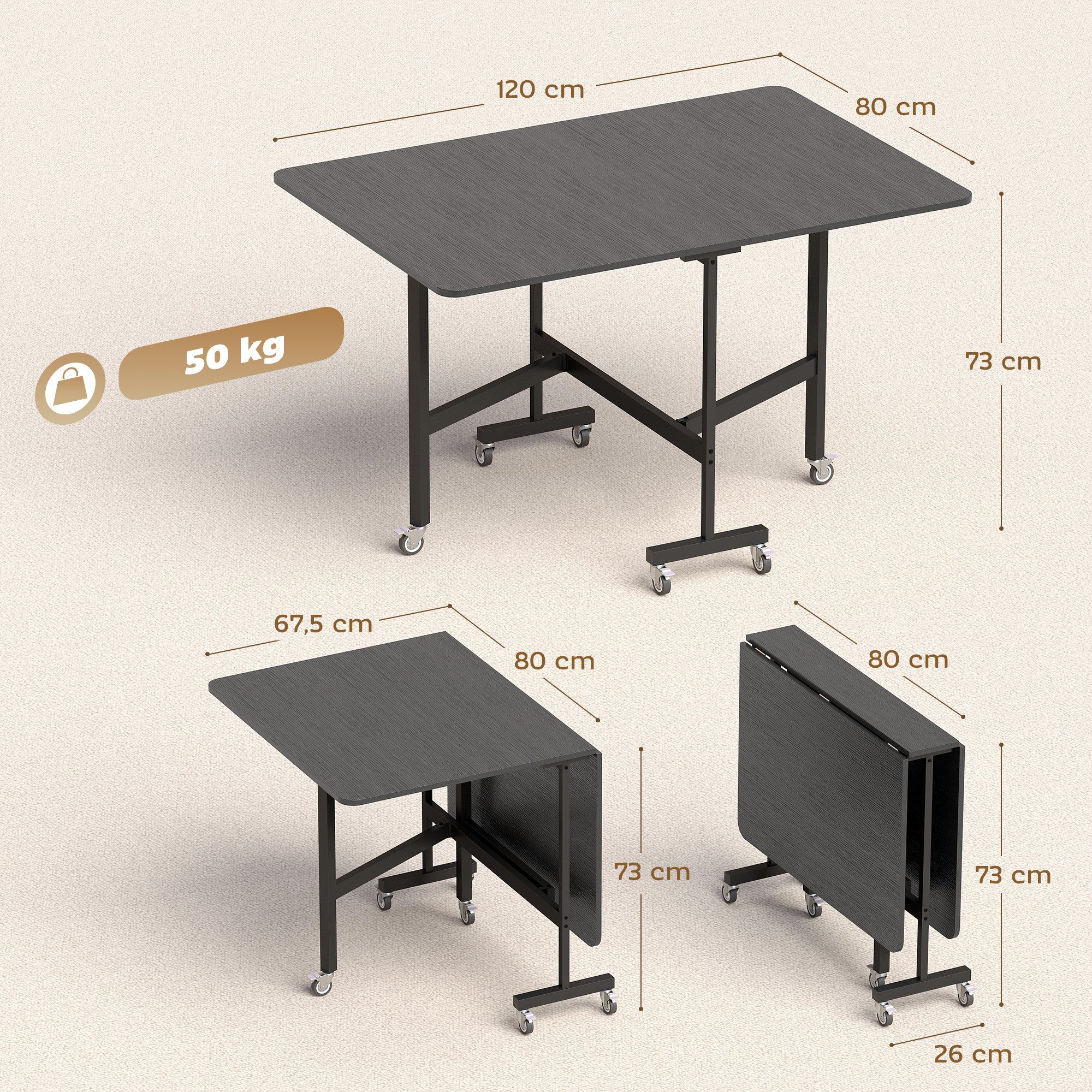 HOMCOM Klapptisch Esstisch Küchentisch für 4-6 Personen, Stahlbeine (Set, 1-St., 1 Tisch), Platzsparend, klappbar, mit Rollen