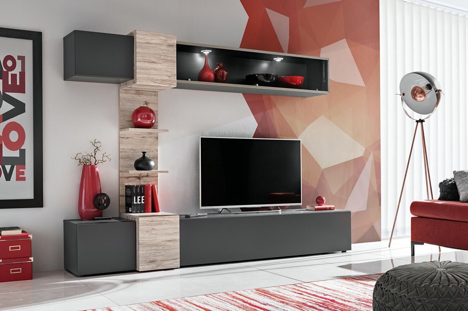 JVmoebel Wohnwand Designer Modern Set Wohnwand Wand Regale Grau TV-Ständer, Made in Europa