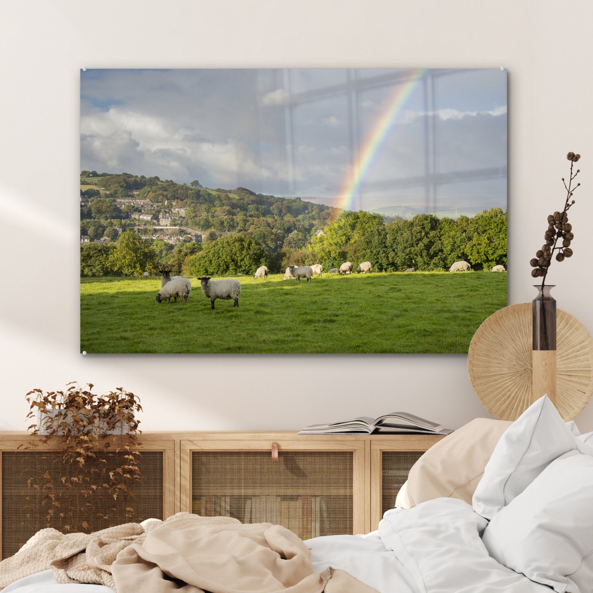 MuchoWow St), Wohnzimmer Acrylglasbild & neben einem Die Wiese Acrylglasbilder auf einer (1 Regenbogen, Schafe Schlafzimmer