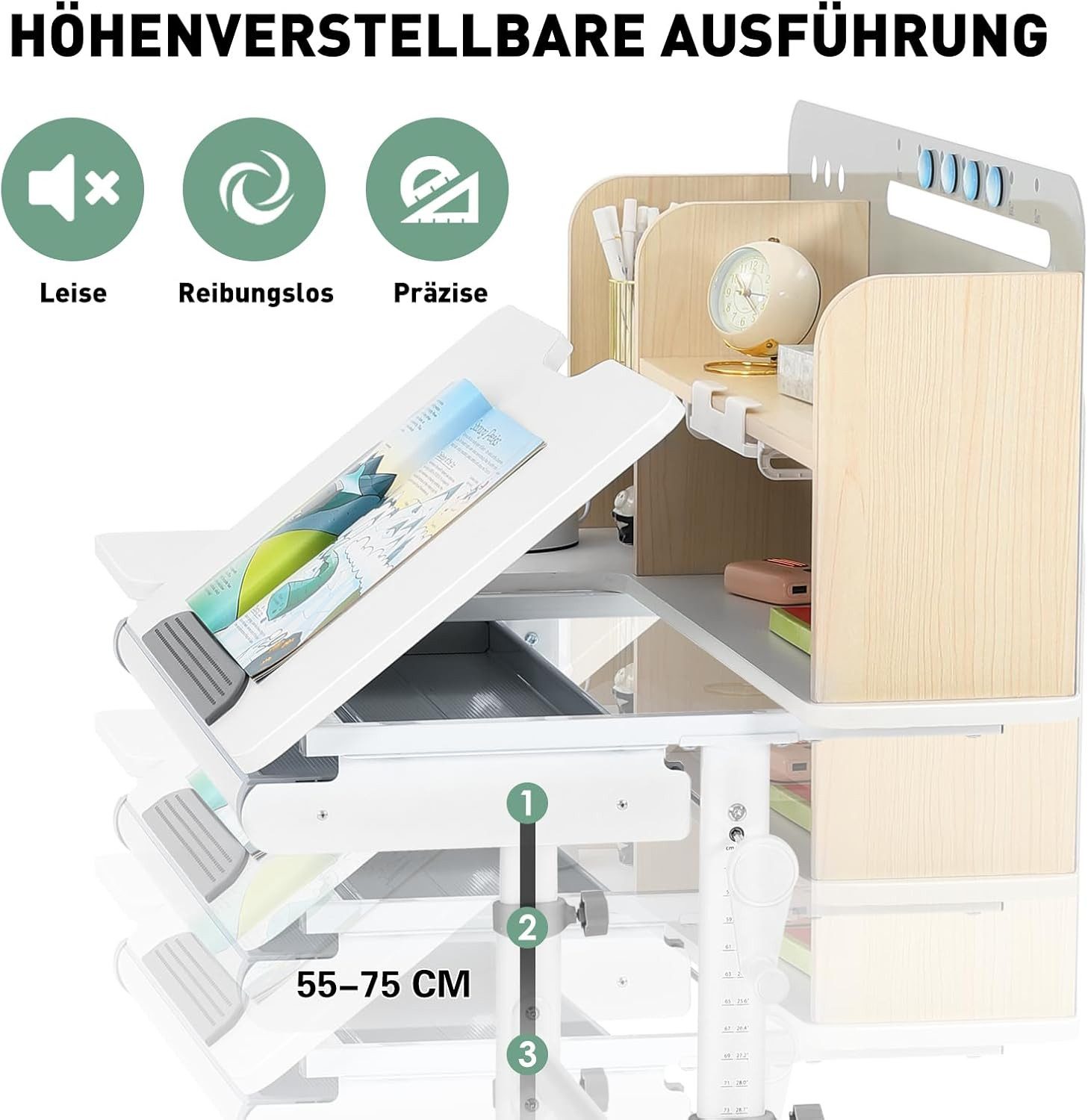 JOYLDIAS Kinderschreibtisch Höhenverstellbar Studiertisch für Kinder (1-St), mit Bücherregale Schubladen und Haken,100 x 60 x 55-75 cm