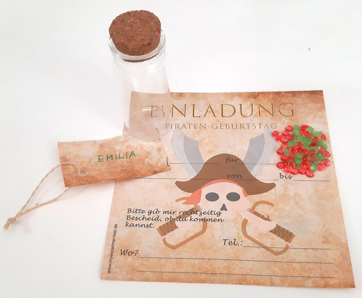myExperimentSet Einladungskarten "Piraten-Kindergeburtstag als Flaschenpost", 10 Stück, Namensetikett und Dekonuggets - eine Erlebnis-Einladung