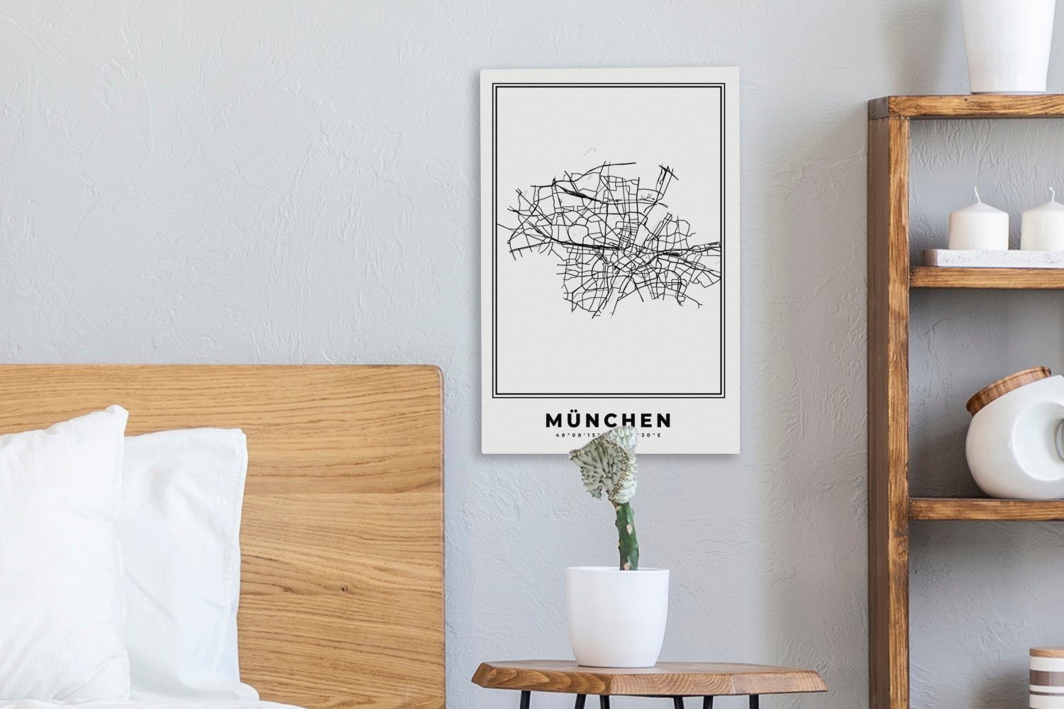 inkl. fertig bespannt 20x30 Deutschland München (1 Stadtplan - Leinwandbild Zackenaufhänger, weiß St), und Karte, OneMillionCanvasses® - Schwarz cm - Leinwandbild - Gemälde,