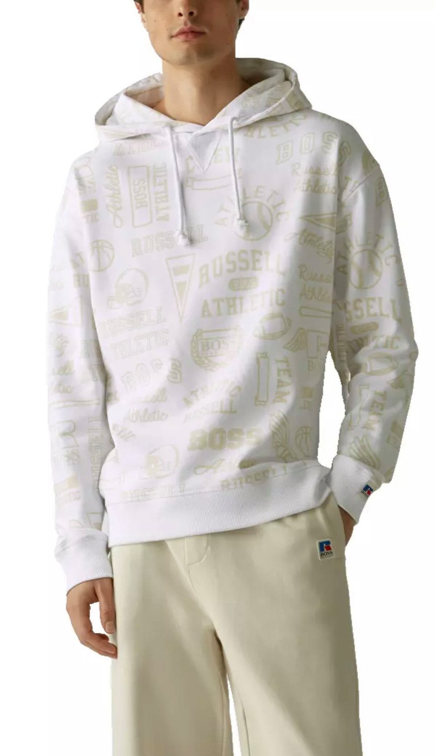 BOSS Kapuzensweatshirt Hoodie BOSS x Russell Athletic Loose Oversize Fit Unisex Allover-Logo-Print im Retro-Stil, Lockerer Oversize-Schnitt