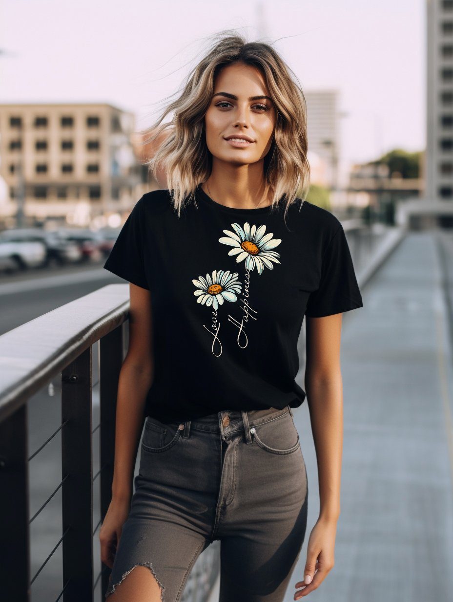 Schwarz Gänseblümchen Hippie MAKAYA Motiv Blumen Floral Sonnenblume Damen Kurzarmshirt, Mode Druck Print-Shirt