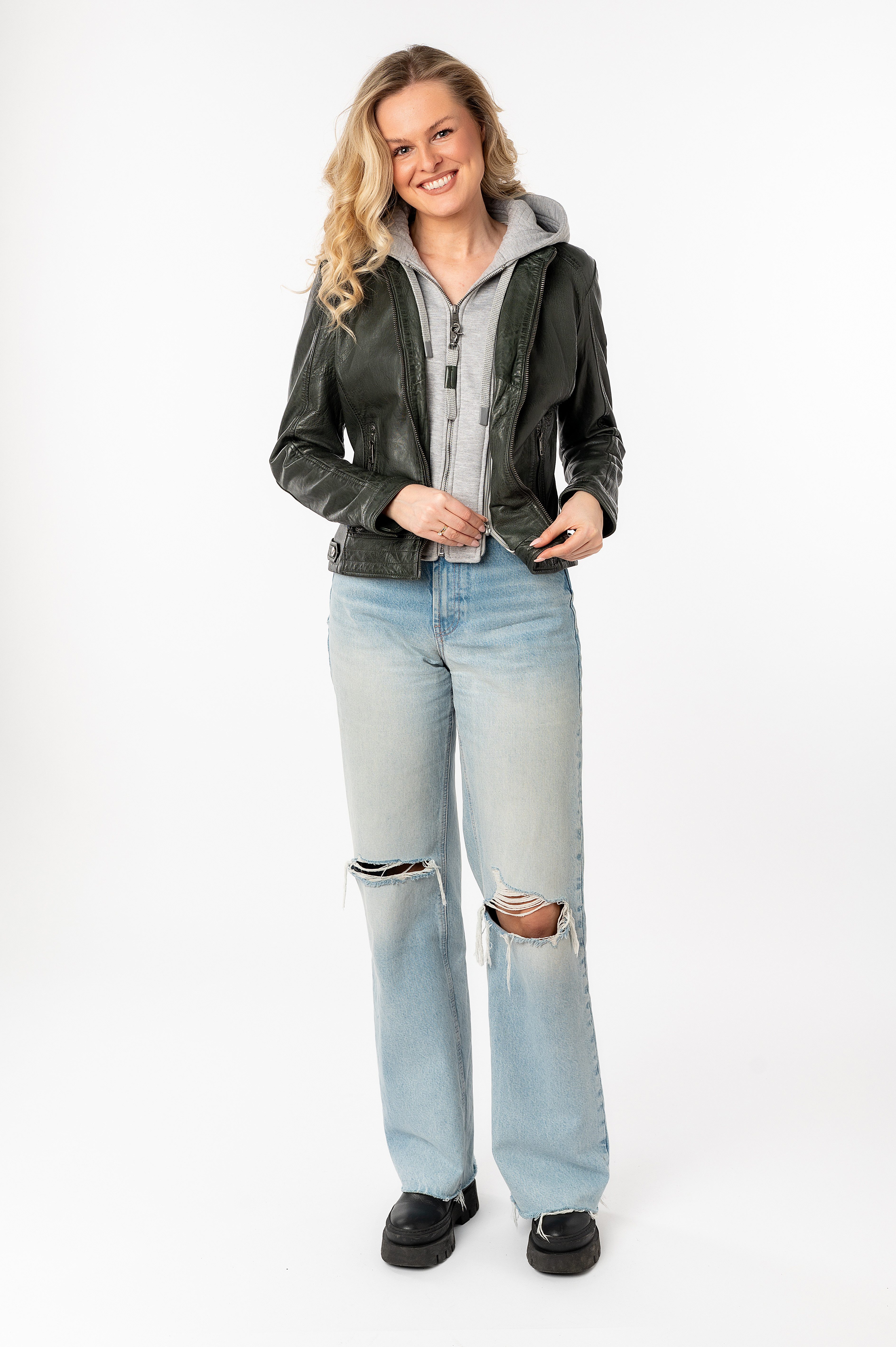 Mauritius Lederjacke MWAleni mit Jerseykapuze und Stehkragen – Bild 5 von 5