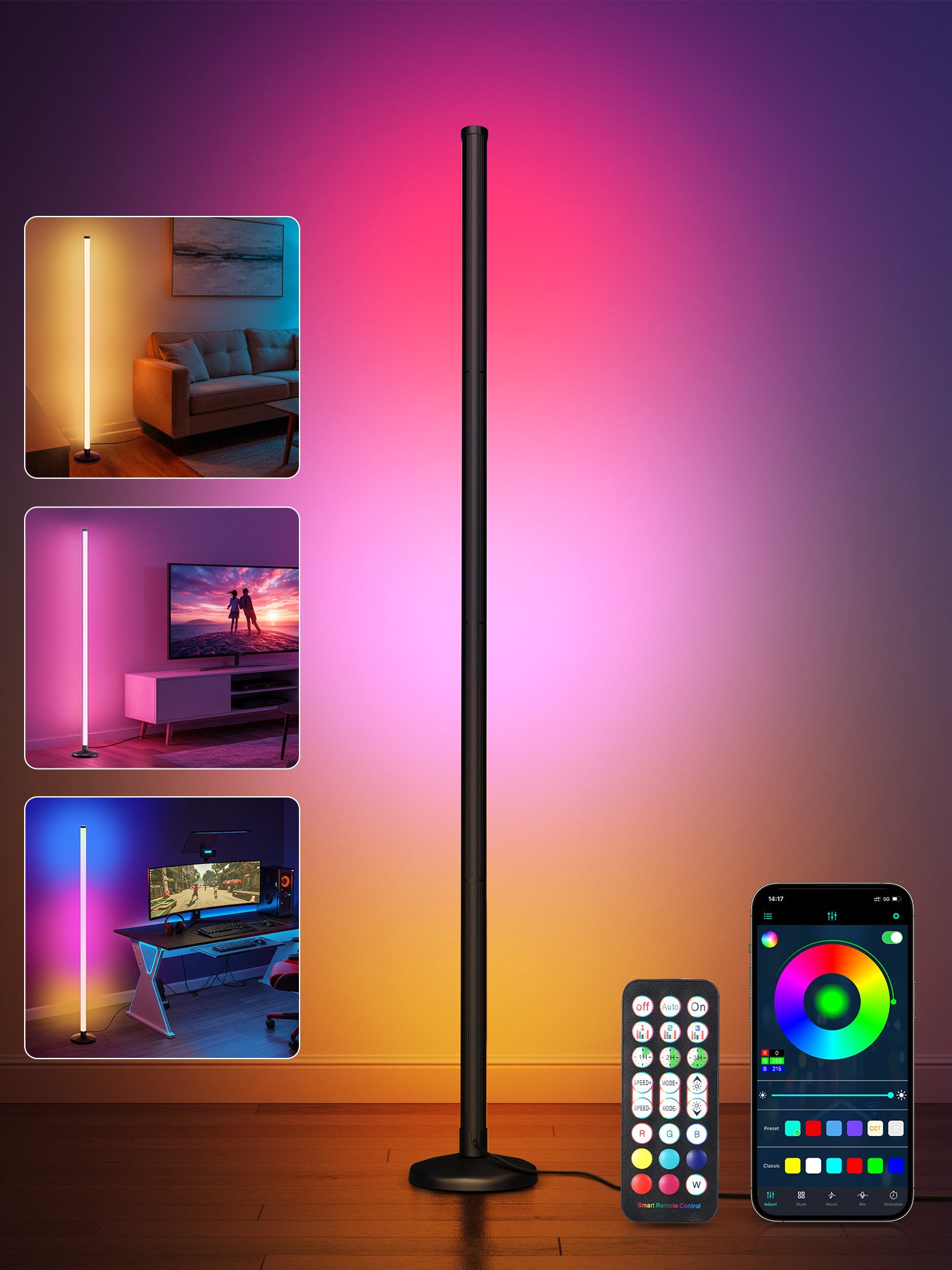 OUTON LED Stehlampe RGBCW Eckstehleuchte 168LEDs Musik-Sync App, Fernbedienung Timer 145cm