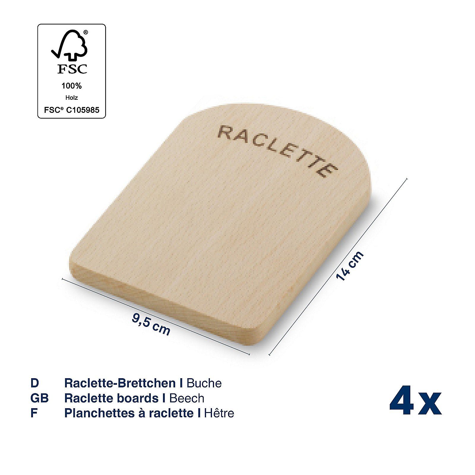 Buche zertifiziert,14x9,5x1cm Baar, Raclette Untersetzer 4-tlg, FSC kela Raclettepfännchen