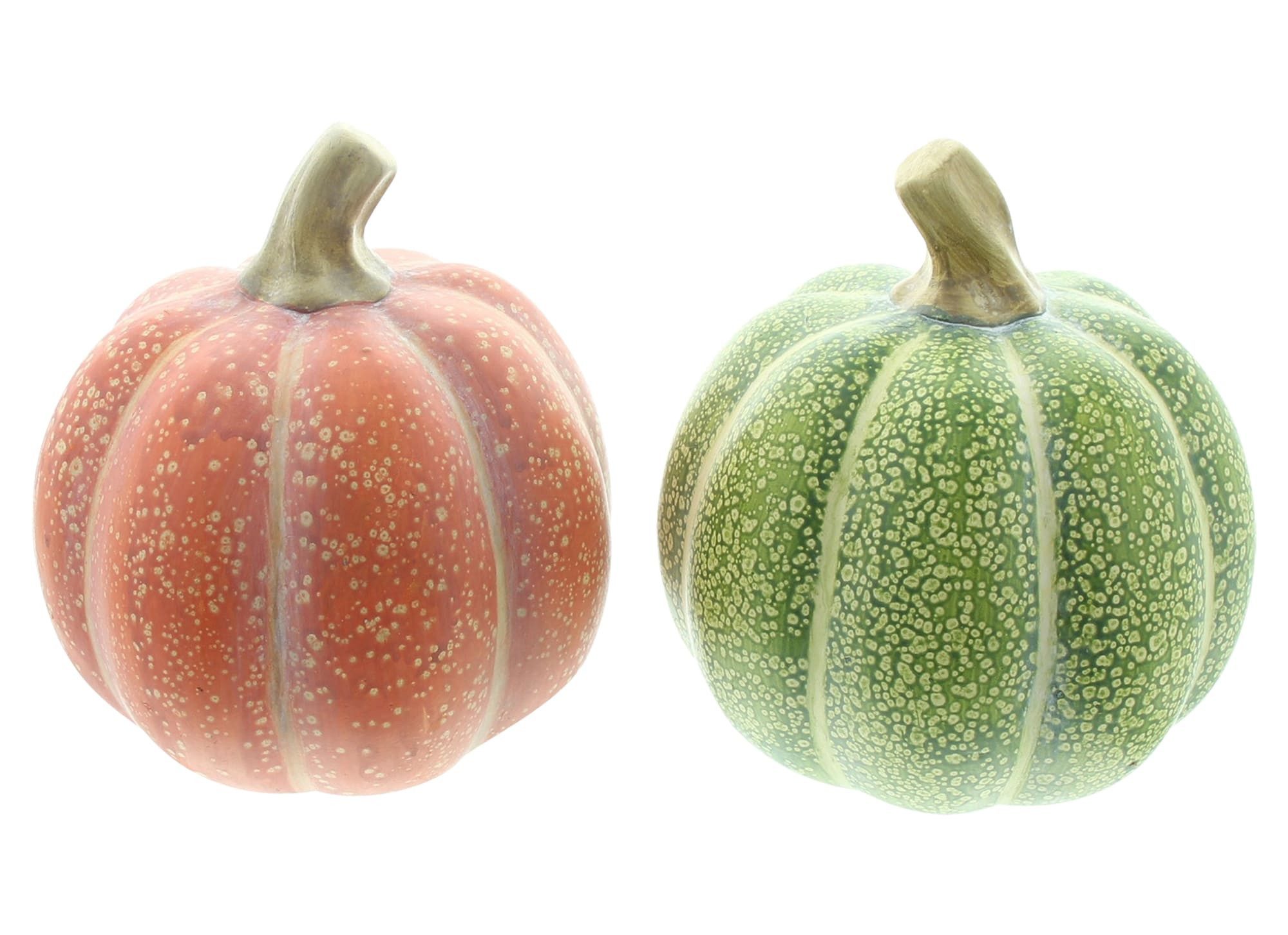 Dekoleidenschaft Dekofigur "Kürbis" Terracotta Dekokürbis, Halloweendeko, Zierkürbis Ø 16 cm (2 St., im Set), Halloween Deko in orange & grün, Herbstdeko