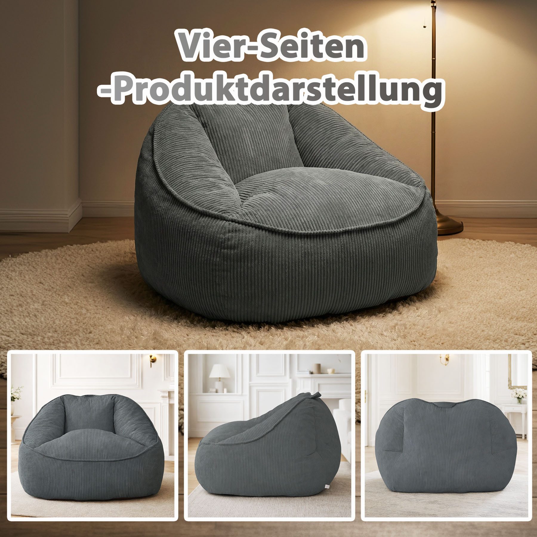 HomeMiYN Sitzsack Weicher Riesen Sitzsack aus Cord – Sessel fürs Wohnzimmer „Birne“ – Bild 5 von 5