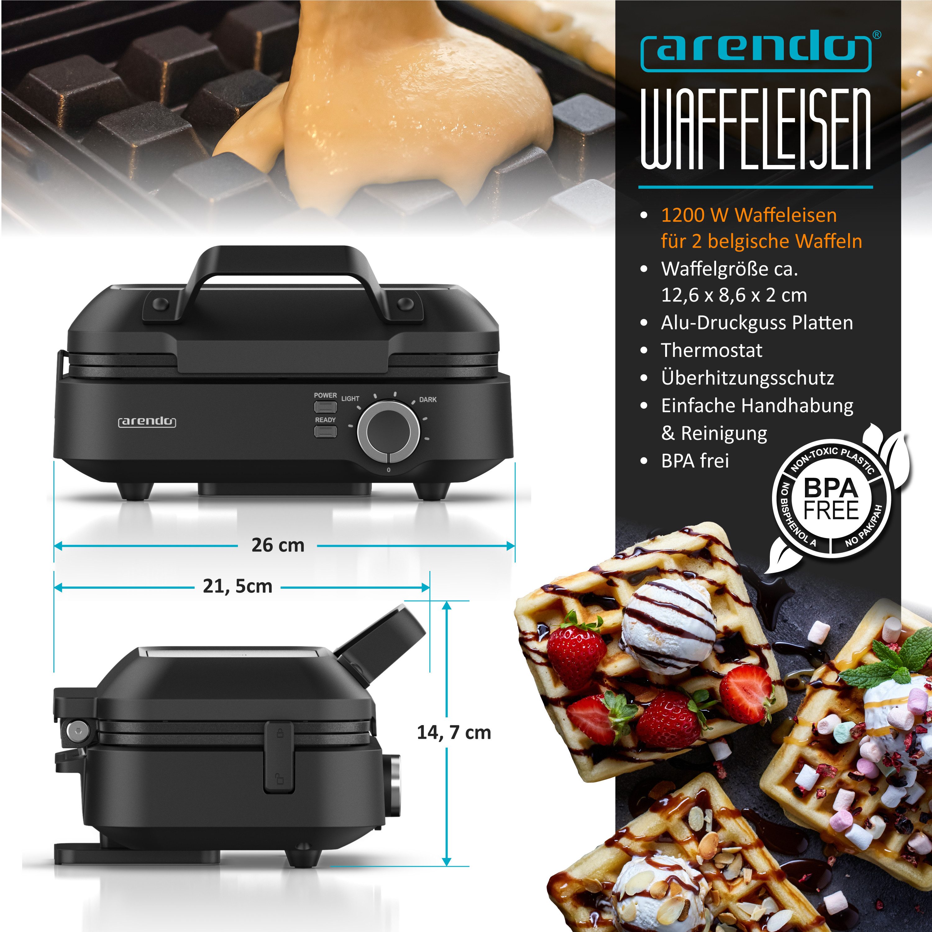 Arendo Waffeleisen Waffelautomat – 2 Waffeln à 12,6 cm-, 1200 W, Antihaftbeschichtung – Belgische Waffeln