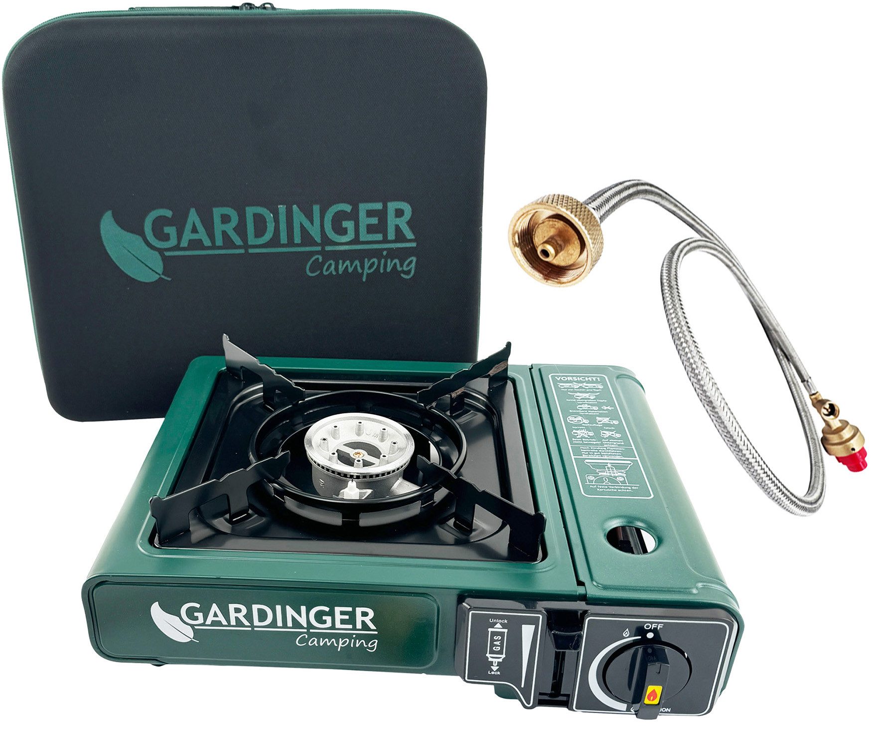 GARDINGER Gaskocher Campingkocher einflammig Universal-Kartuschen Kocher Piezozündung, (Adapter Set, 1-St., mit Hartschalenkoffer), standsicher, tragbar