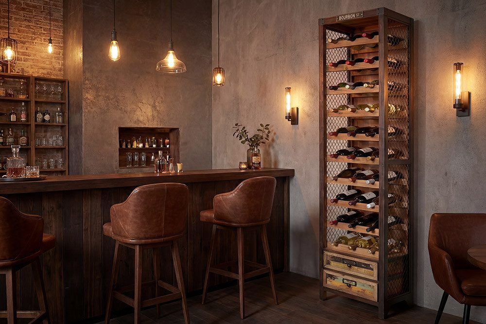 riess-ambiente Weinregal BODEGA 190cm natur - Pinienholz, Metall, 2 Schubladen, Industrial, Einzelartikel 1-tlg., große Halterung für 30 Flaschen – ideal für Esszimmer oder Barbereich