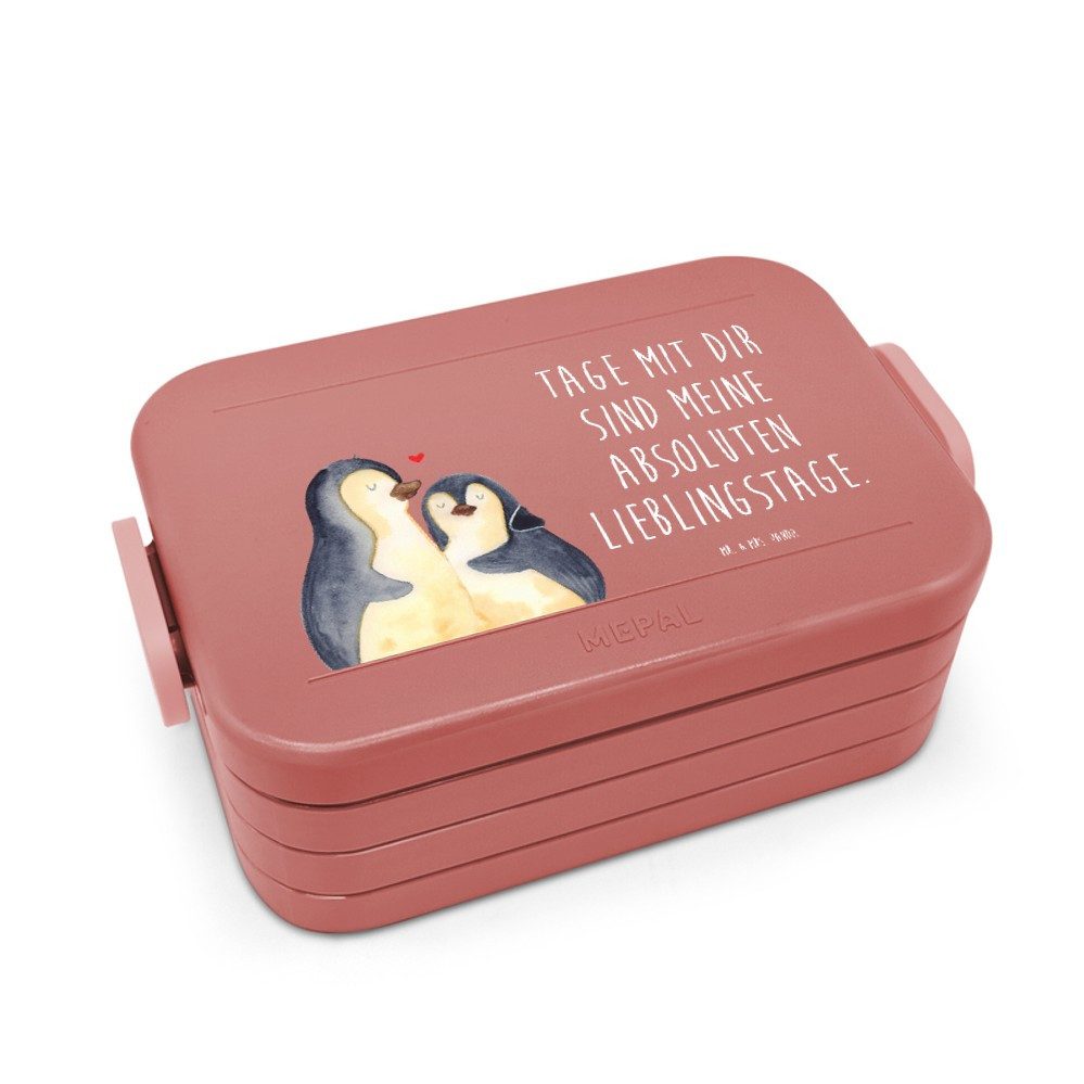Mr. & Mrs. Panda Butterdose Pinguin umarmen Motiv, Snackbox, Rot Pastell, Bento Box, Liebe, Snack, Polypropylen lebensmittelecht, (Packung), Snackdose Paar Umarmung