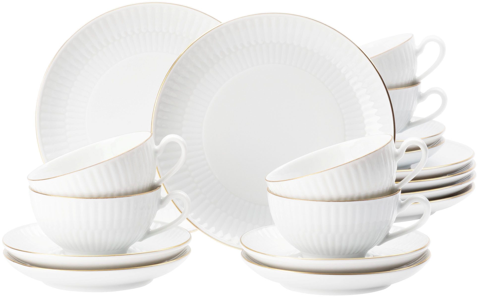 Seltmann Weiden Geschirr-Set Teeservice 18-teilig klein Amina weiß mit Goldrand (18-tlg), 6 Personen, Porzellan, Teller, Tassen, weiß, Amina