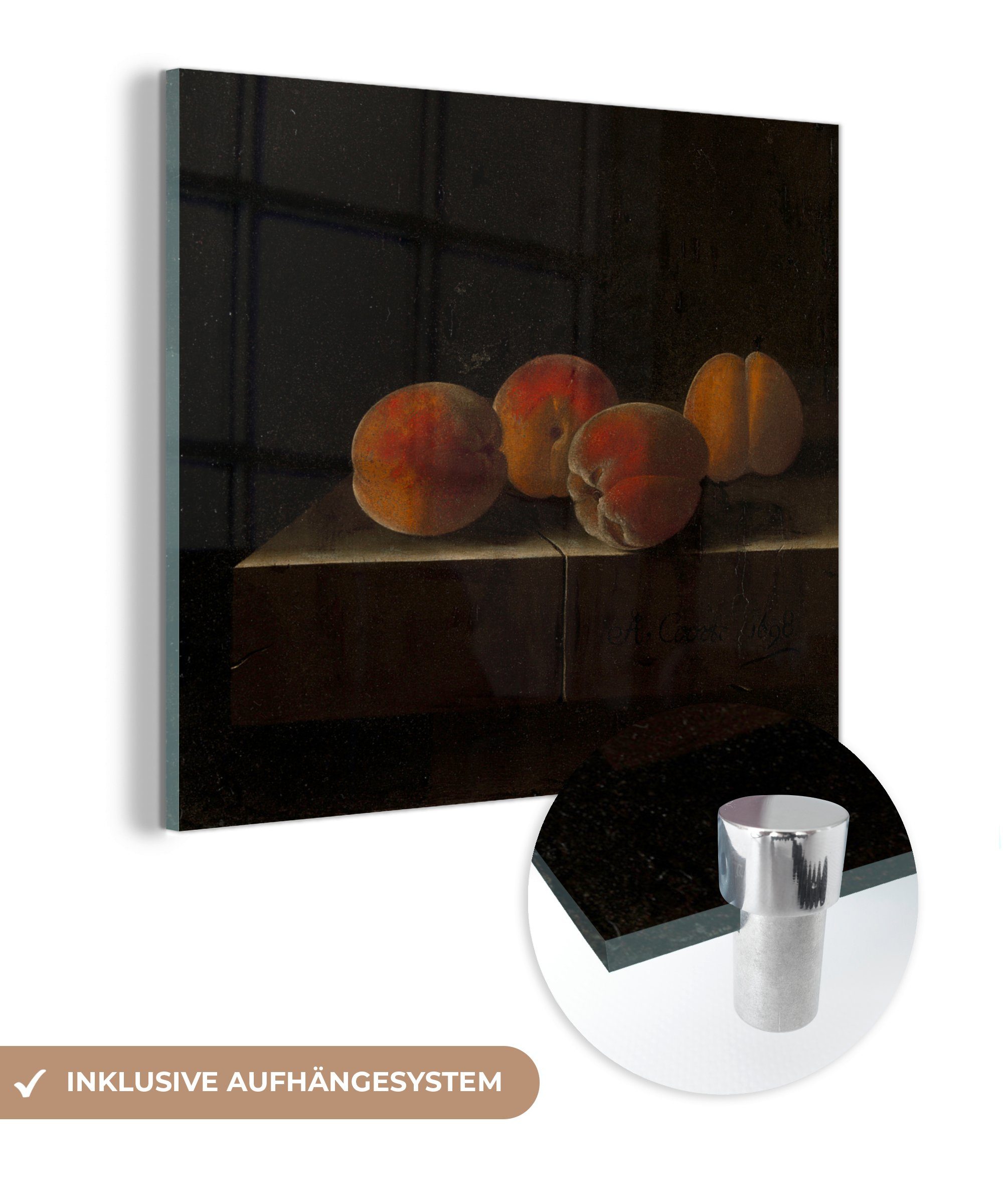 MuchoWow Acrylglasbild Vier Aprikosen auf einem Steinsockel - Gemälde von Adriaen Coorte im, (1 St), Glasbilder - Bilder auf Glas Wandbild - Foto auf Glas - Wanddekoration