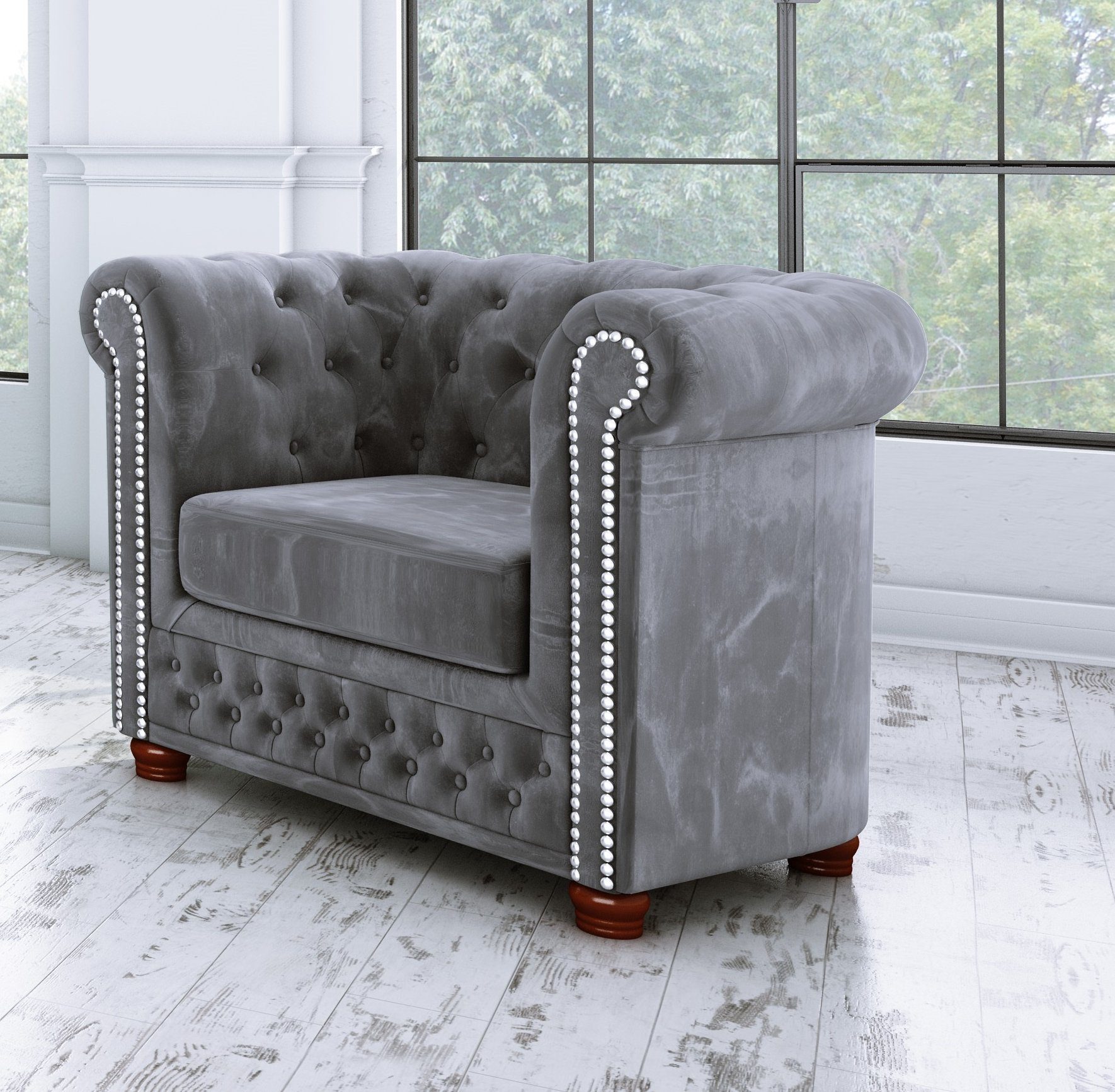 Grau Chesterfield-Sessel Leeds, S-Style mit Möbel Wellenfederung