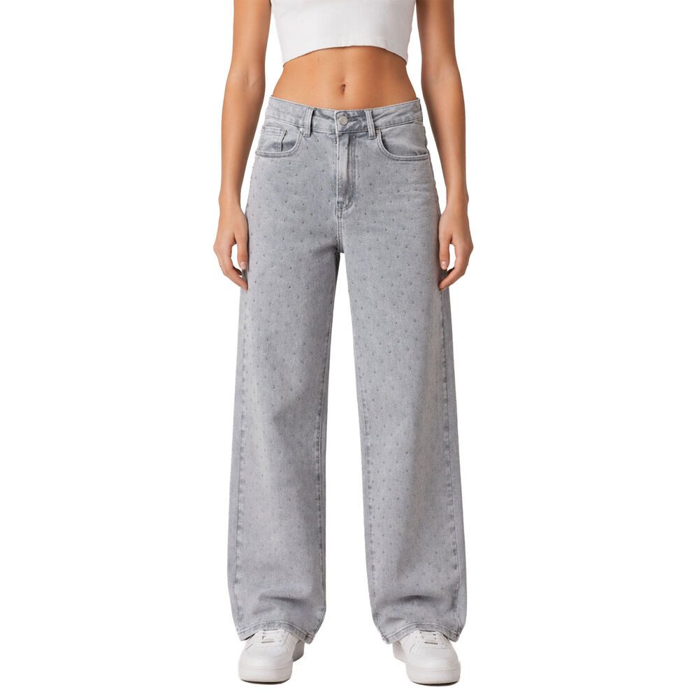 Ital-Design Weite Jeans Damen High-Waist Wide-Leg Jeans Casual Look (91767217) Nieten Stretch High Waist Jeans in Hellgrau