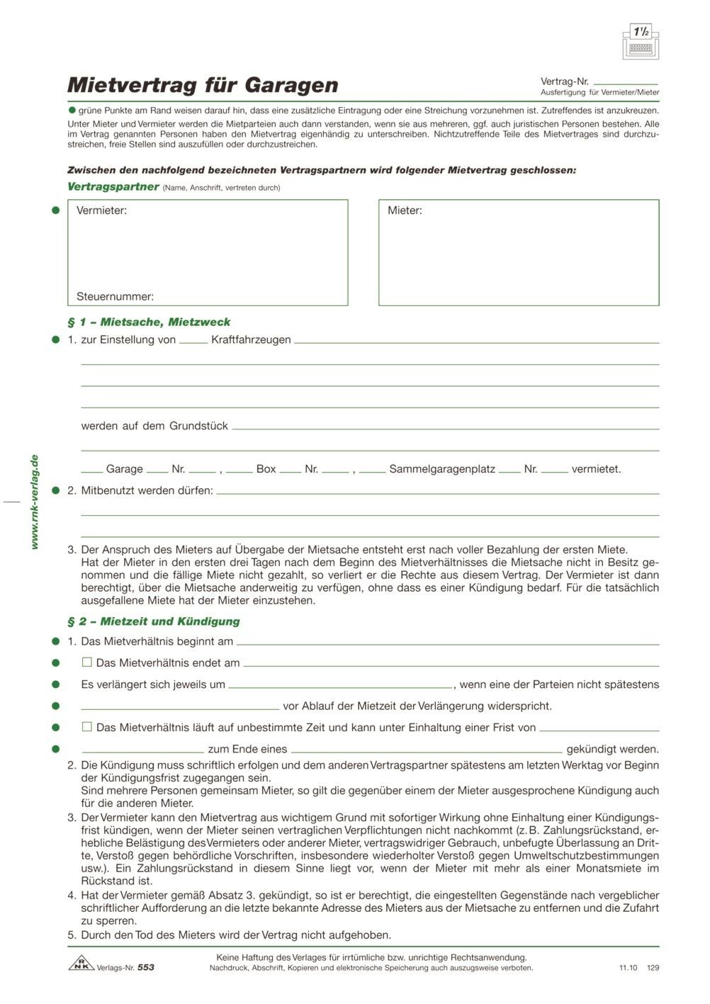 Formularblock RNK Verlag 553 Mietvertrag für Garagen, 4 Seiten, gefalzt auf DIN A4