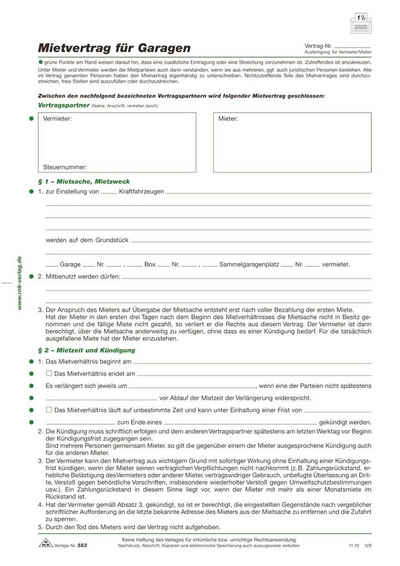 RNK Verlag Formularblock RNK Verlag 553 Mietvertrag für Garagen, 4 Seiten, gefalzt auf DIN A4