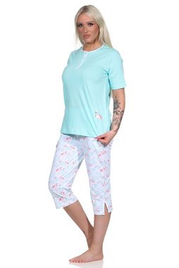Normann Pyjama Damen Capri kurzarm Schlafanzug mit Flamingo Motiv
