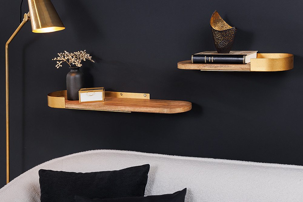 riess-ambiente Wandregal PURE NATURE 60cm gold / natur, Set 2-tlg., Wohnzimmer · Massivholz · Metall · handmade · Modern Design