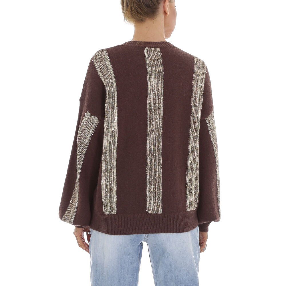 Ital-Design Strickpullover Damen Freizeit (81561300) Glitzer Gestreift Stretch Strickpullover in Braun