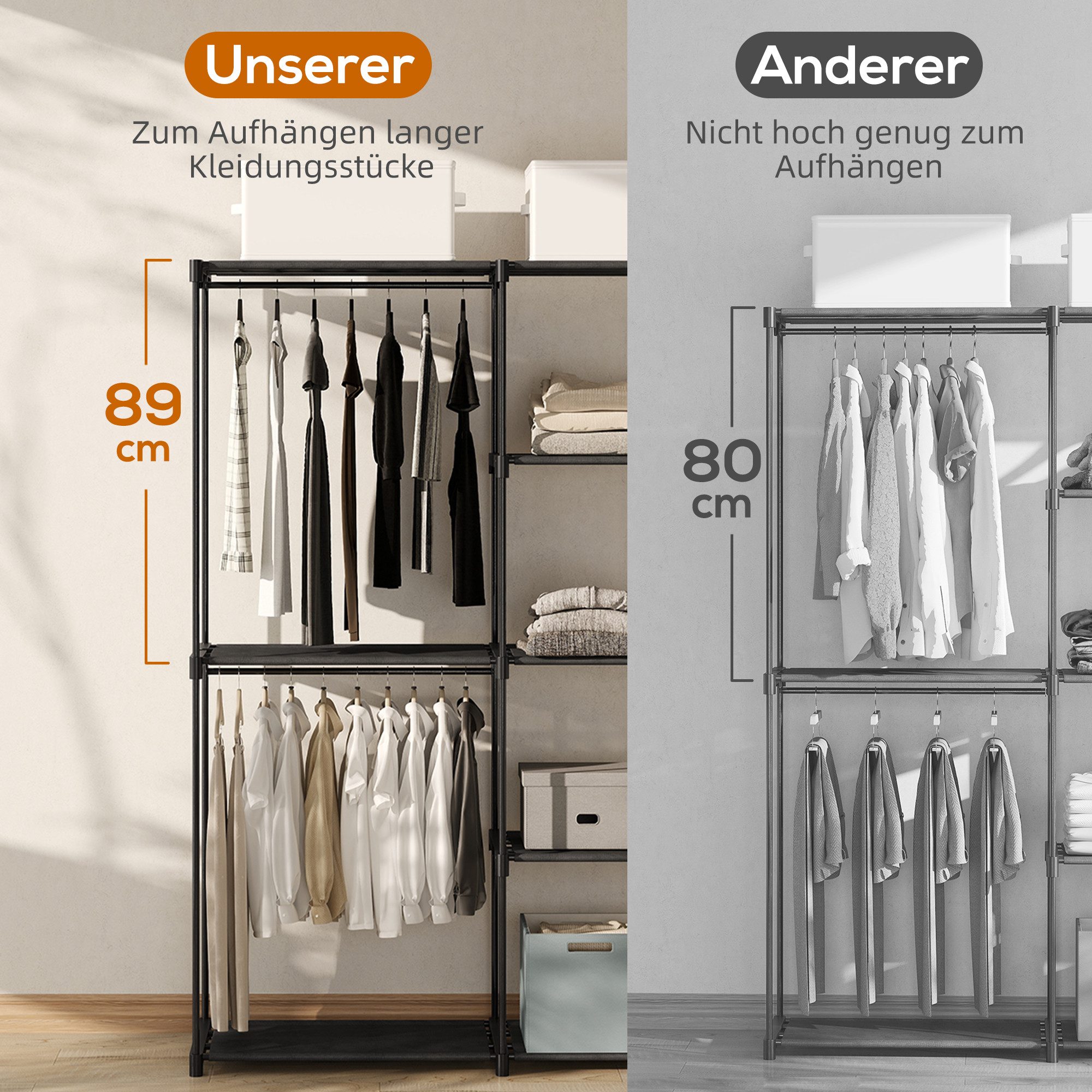 HOMCOM Stoffschrank Kleiderschrank mit Kleiderstange, Ablagen, Stoffkleiderschrank (Kleiderschrank, 1-St., Garderobe aus Stoff) Staubschutz, Schwarz – Bild 4 von 5