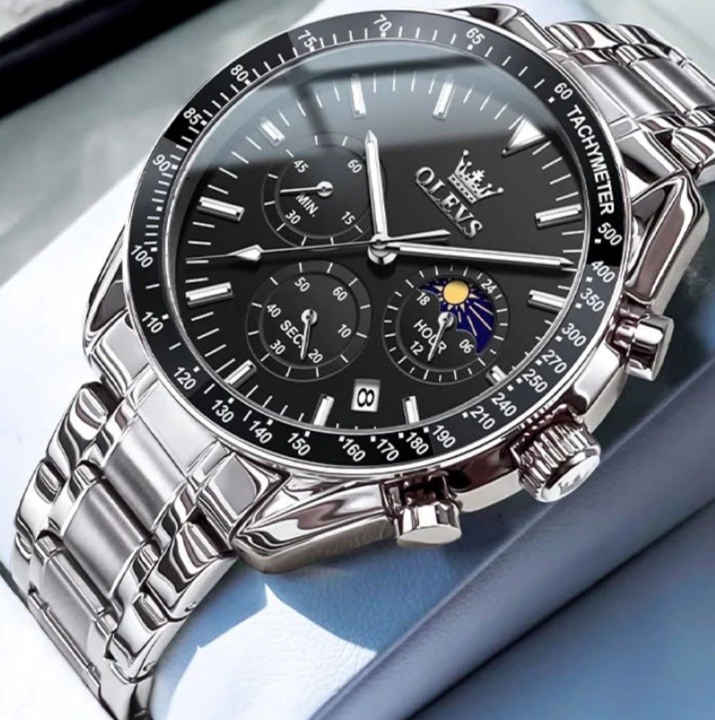 OLEVS Quarzuhr Herren Olevs-Armbanduhr – Chronograph, Edelstahl, Schwarze Zifferblatt