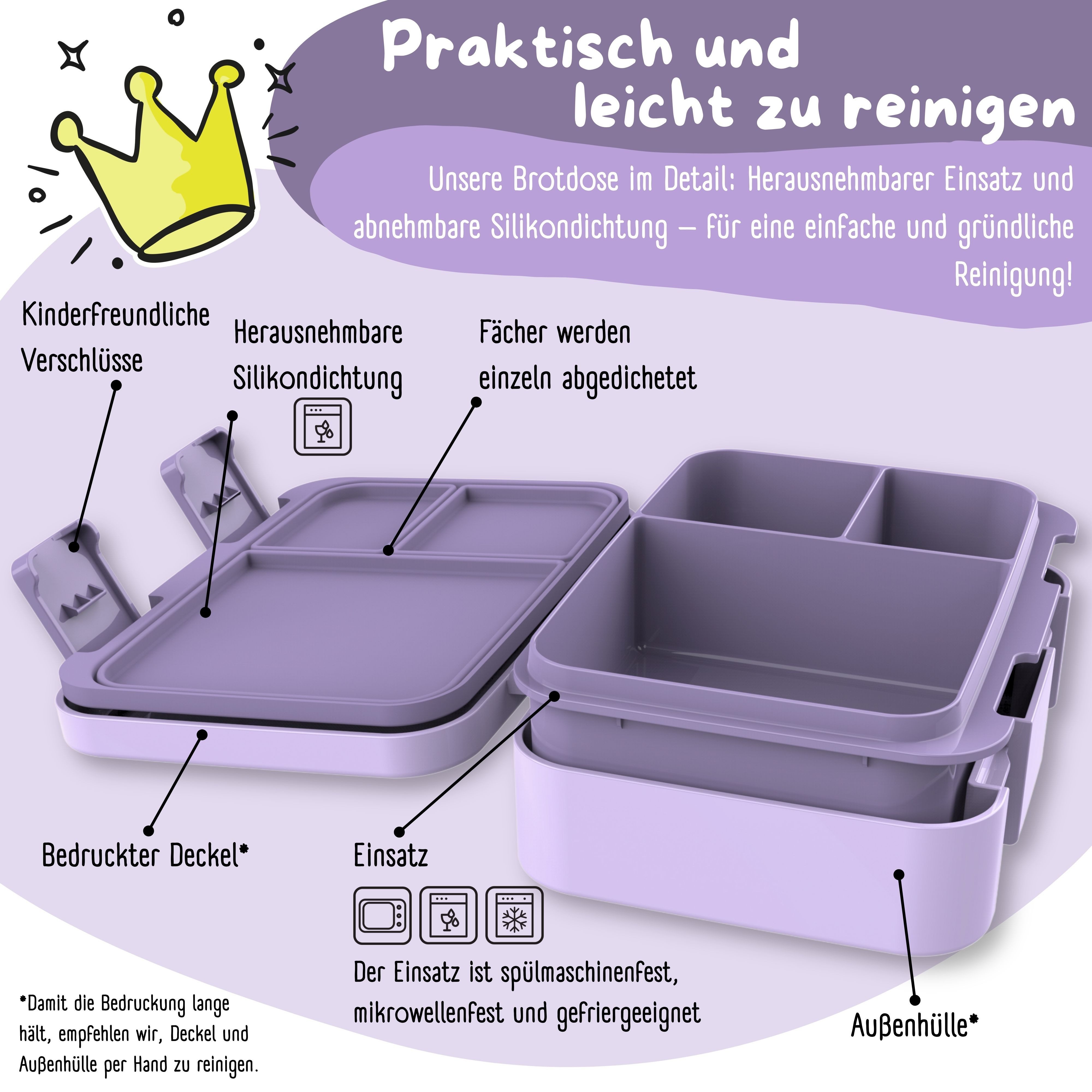 BEARFOOT Lunchbox Brotdose mit Fächern, auslaufsicher - Sticker lila 650ml, PP, ABS, Silikon, Kindergarten und Schule - Mädchen und Jungen, Vesperbox, Snackbox