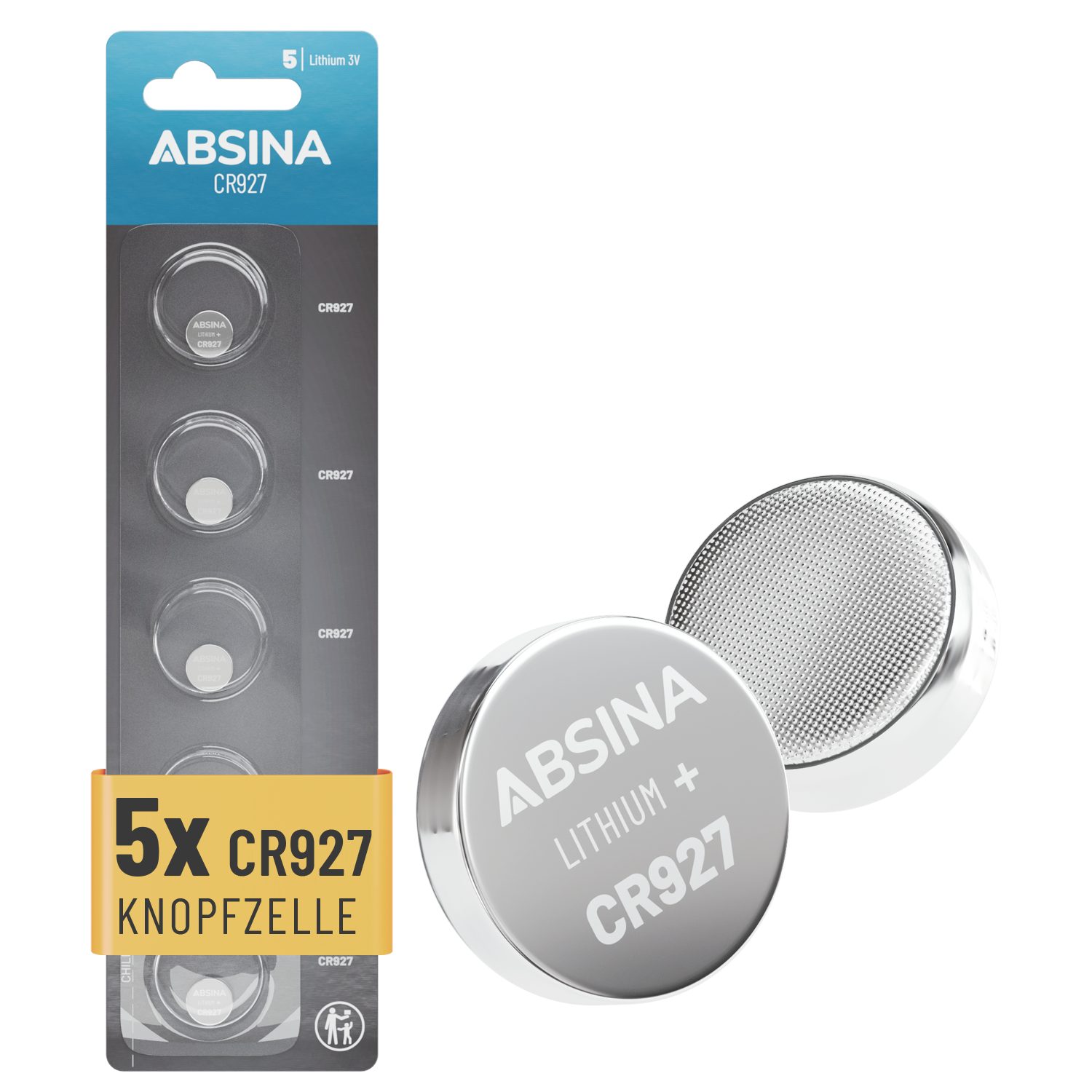ABSINA 5x CR927 3V Lithium Knopfzelle - CR 927 Batterie für Uhren uvm Knopfzelle, CR927 (3 V, 5 St), Langlebig & zuverlässig, Temperaturfest von -40°C bis +60°