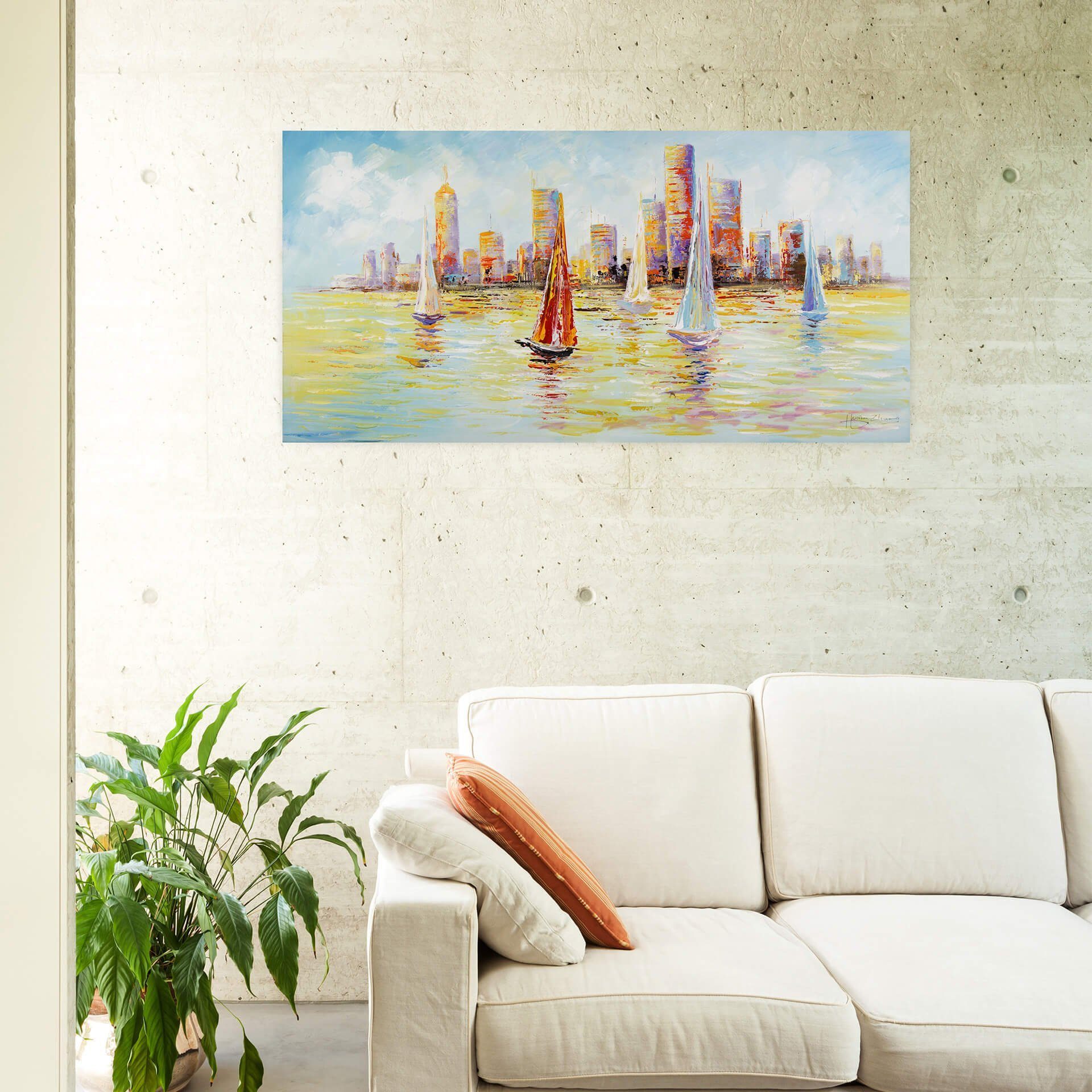 KUNSTLOFT Wandbild Wohnzimmer 100% Sailing Skyline HANDGEMALT 120x60 Leinwandbild Gemälde cm,